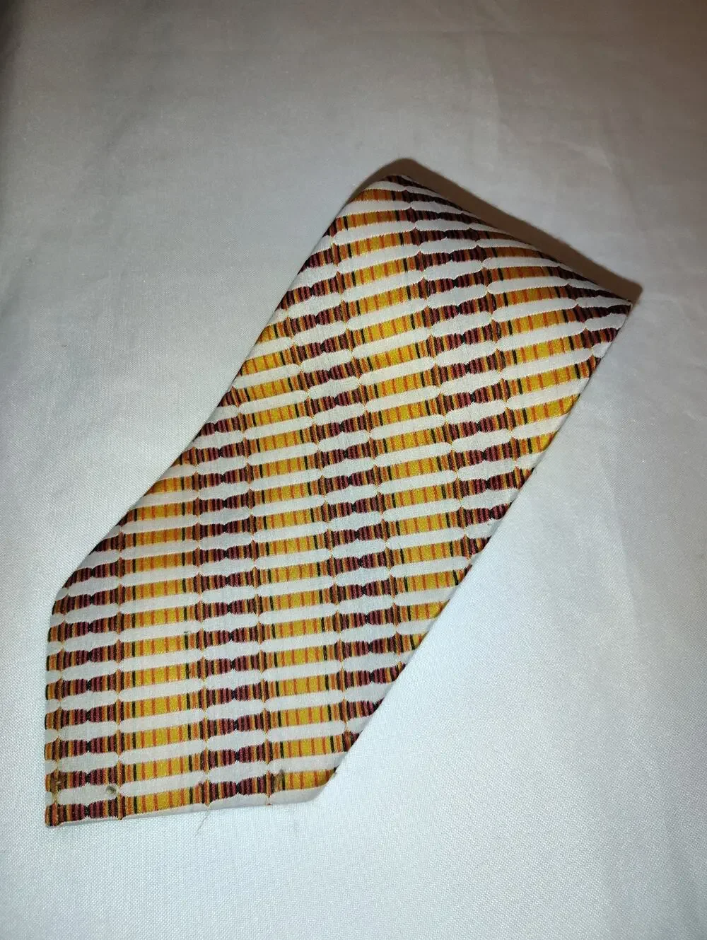 Vintage 1970s Polyester Latimer Geometric Stripe Necktie Brown Gold White